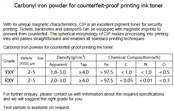 9 Carbonyl iron powder for counterfeit-proof printing ink toner